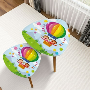 Triangle Nesting Coffee Table Set of 2 Cartoon kids riding hot air balloon field End Table Modern Minimalist Side Table Set for Living Room Bedroom