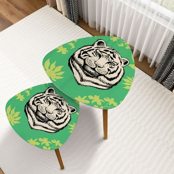 Triangle Nesting Coffee Table Set of 2 Green Tiger Tropical Leaves Colourful End Table Modern Minimalist Side Table Set for Living Room Bedroom