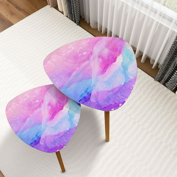 Triangle Nesting Coffee Table Set of 2 Light blue pink purple alcohol ink abstract End Table Modern Minimalist Side Table Set for Living Room Bedroom