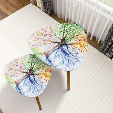 Triangle Nesting Coffee Table Set of 2 Water blue yellow green pink branches End Table Modern Minimalist Side Table Set for Living Room Bedroom