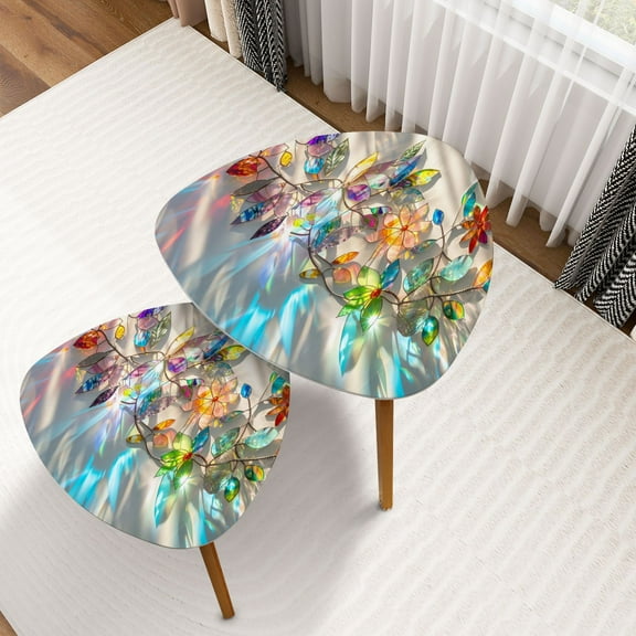 Triangle Nesting Coffee Table Set of 2 Whimsical Endless Spring Stained Glass End Table Modern Minimalist Side Table Set for Living Room Bedroom