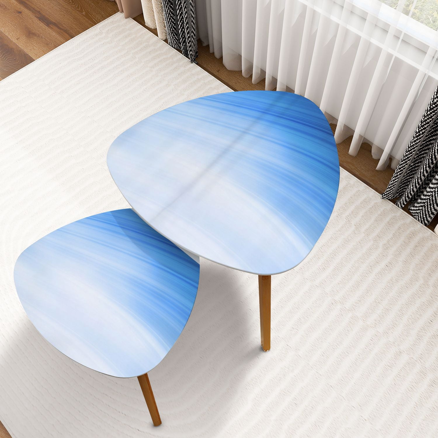 44.5 Inch Triangle Glass Coffee Table With Wood Base - Modern Abstract Noguchi Style Table For Living Room, Office