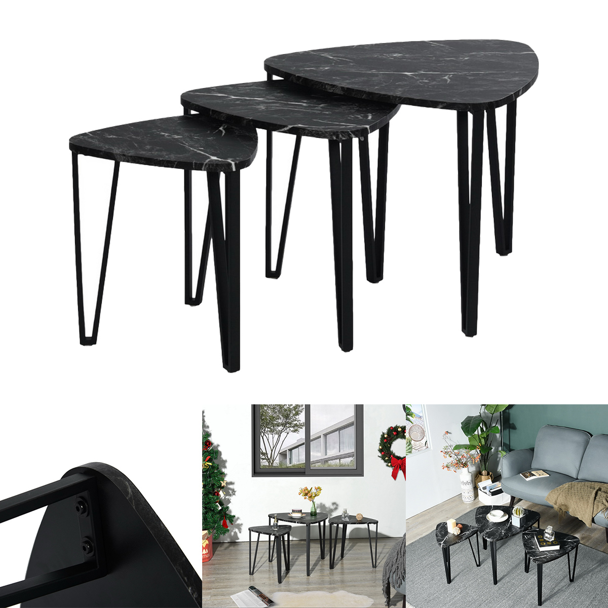 Triangle Nesting Coffee Table Set of 3, Marble Look Coffee Table