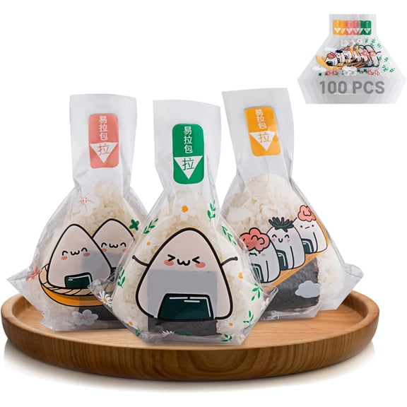 Triangle Onigiri Wrappers Plastic Rice Balls Bags, 100PCS Japanese Easy Tear Disposable Onigiri baggies with Stickers