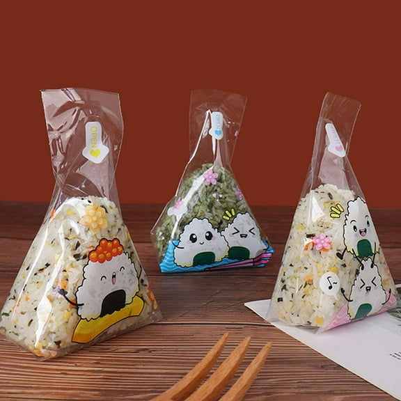Triangle Onigiri Wrappers Plastic Rice Balls Bags, 100PCS Japanese Easy Tear Disposable Onigiri baggies with Stickers