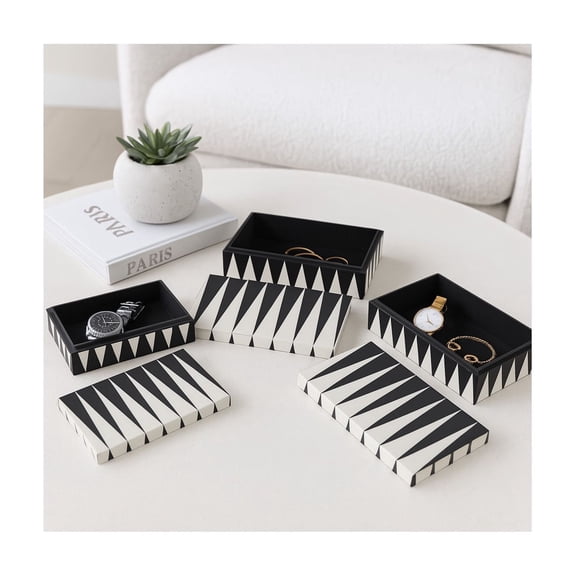 Triangle Pattern Decorative Box for Home Decor - Modern Resin and Wood Boxes with Lids for Jewelry, Keepsakes, and Bedroom - Storage Organizer for Bathroom - Set of 3, 4", 3", 3", Black & White