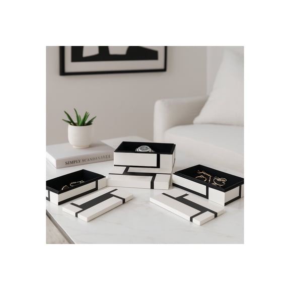 Triangle Pattern Decorative Box for Home Decor - Modern Resin and Wood Boxes with Lids for Jewelry, Keepsakes, and Bedroom - Storage Organizer for Bathroom - Set of 3, 4", 3", 3", White & Black