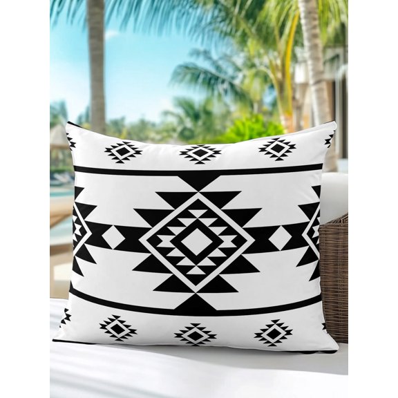 Triangle Pattern Outdoor Pillows 16"x16" Set of 1, Black White Western Tribal Waterproof Outdoor Throw Pillow with Insert for Patio Porch Furniture Bench Couch Sofa