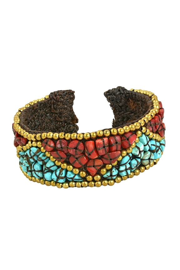 Triangle Pattern Turquoise-Synthetic Coral Brass Cuff Bracelet