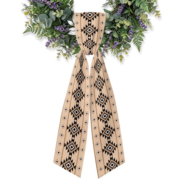 Triangle Pattern Wreath Sash for Front Door, Brown Black Western Tribal Satin Wreath Ribbon Bow Accessory Garland Home Decor for Doorway Porch Yard 4.5x56