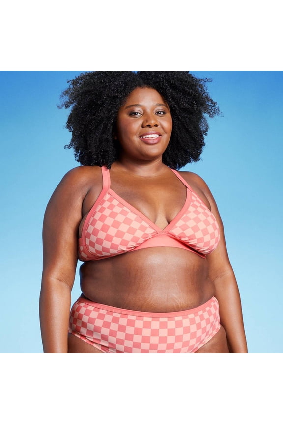 Triangle Pink Checkered Pattern Bikini Top, Women's Plus Size 2X (20W-22W)