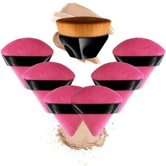 Triangle Powder Puff, 6+1 Pieces Makeup Powder Puffs and Kabuki Foundation Brush, Soft Velour Powder Puffs for Face and Body Foundation Sponge, Setting Powder Puff Wet Dry Makeup Tool
