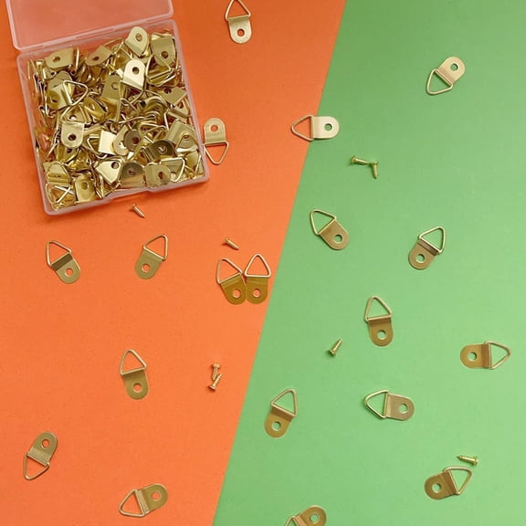 Triangle Ring Steel Picture Hangers with Screws, Single Hole D Hooks, Light Duty D Rings for Clock (Gold)