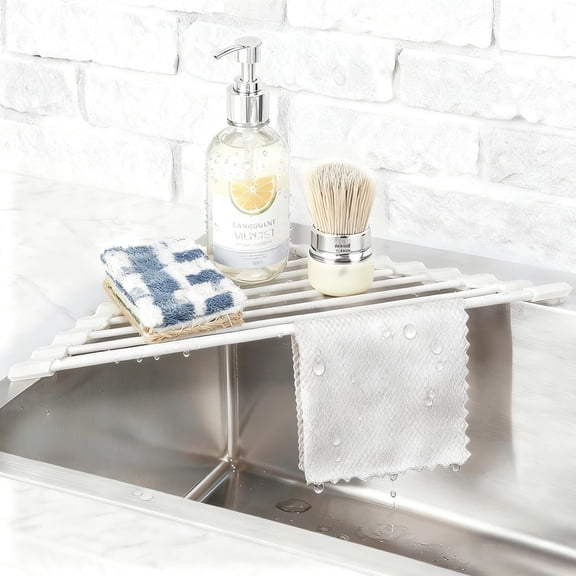 Triangle Roll Up Dish Drying Rack, Foldable Anti-Slip Kitchen Sink Drainer Organizer, Silicone Coated Stainless Steel Frame, Multipurpose Over Sink Corner Caddy for Space Saving (White)