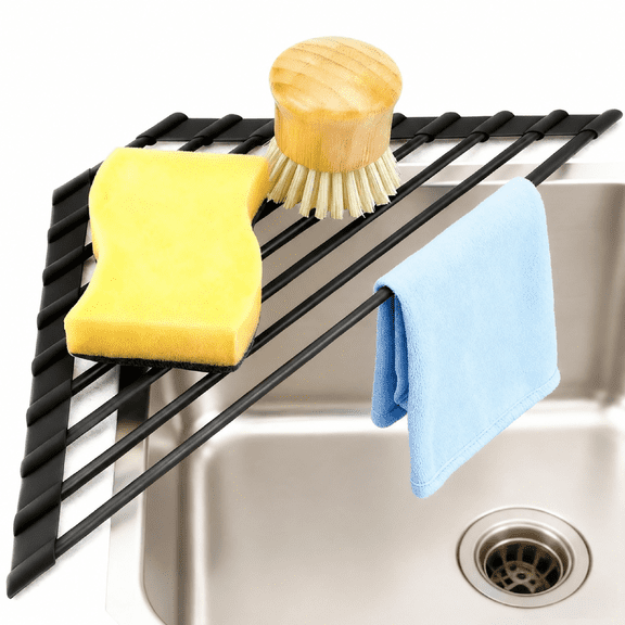 Roll Up Dish Drying Rack Silicone Steel 15.75 inch Anti Rust Anti Slip Over Sink Foldable Kitchen