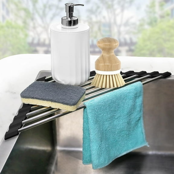 Triangle Roll-Up Dish Drying Rack Over Sink Corner Kitchen Sponge Holder Organizer Black