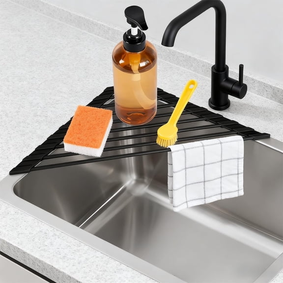 Triangle Roll Up Dish Drying Rack Over The Sink, Anti-Rust with Full Silicone-Coated Stainless Steel Frame Fits, Organizer for Kitchen
