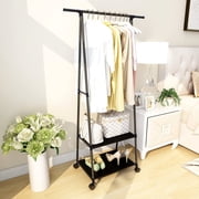Triangle Rolling Garment Rack, Clothes Rack on Wheels w/2-Tier Storage Shelves, Portable Clothing Hanging Coat Rack, Clothes Hanging Rack for Home Office Apartment Black