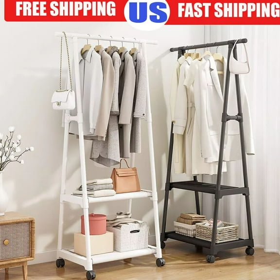 Triangle Garment Rack,Triangle Rolling Garment, Garment Rack on Wheels Clothes rack 2 tier Storage Shelves White