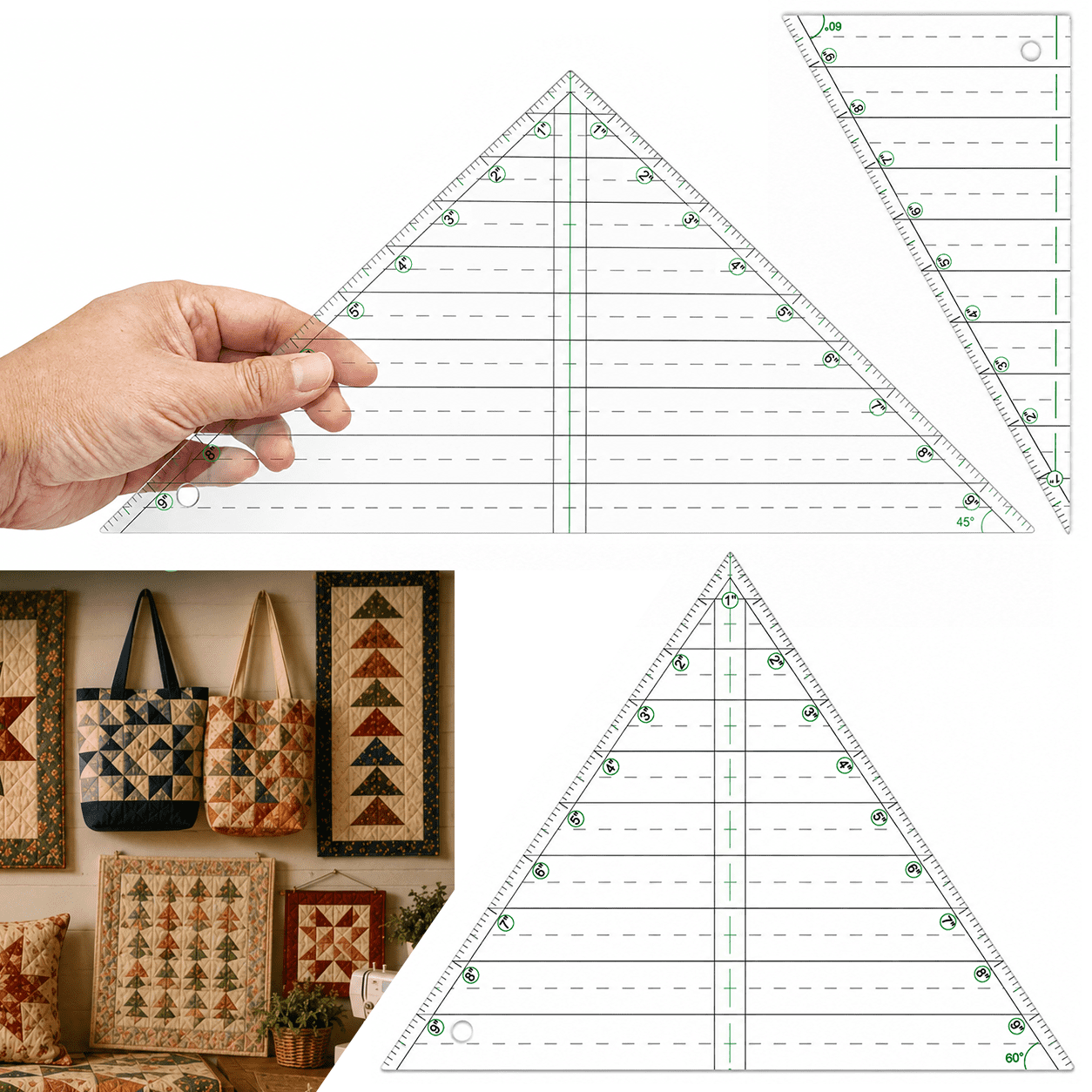 Multiscale Triangle Ruler Triangle Ruler for Quilting, 3 Pcs 10 Inch Clear Acrylic Multi-Angle ...