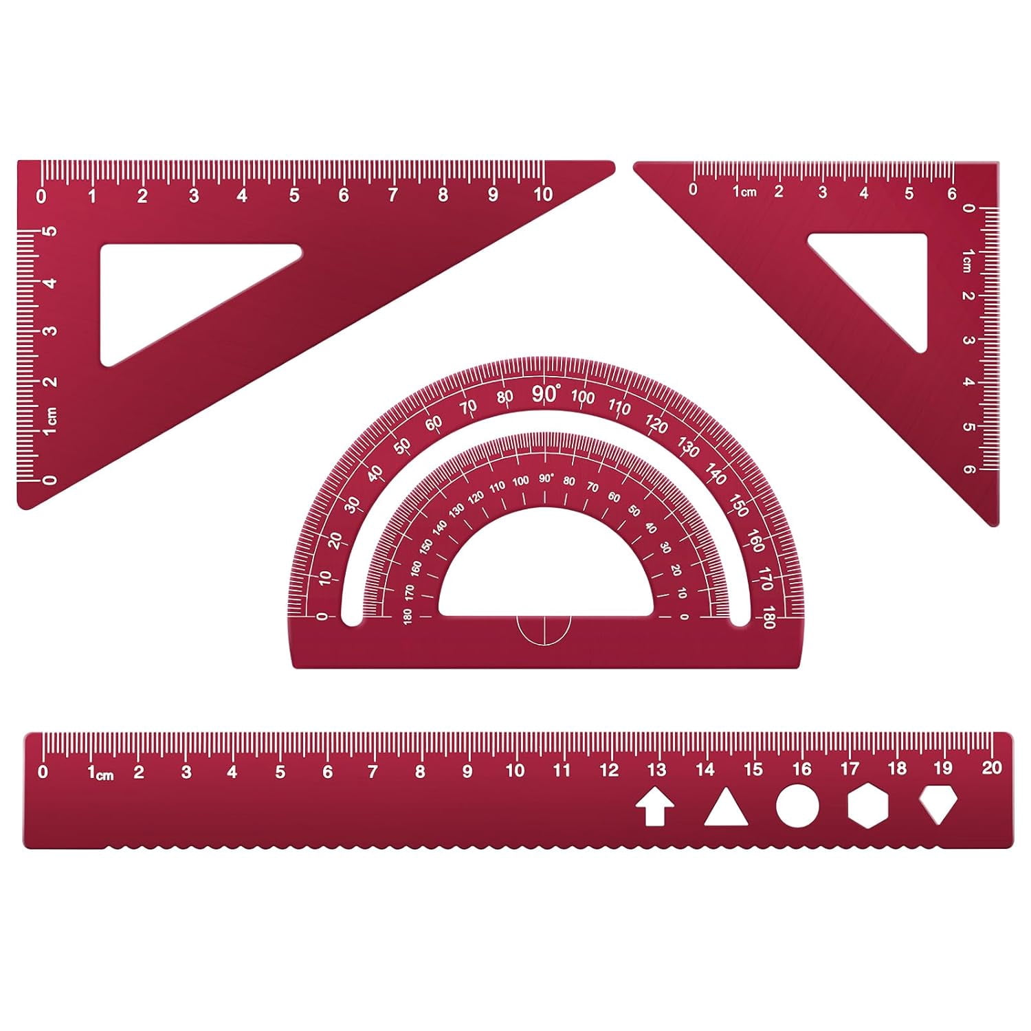 Triangle Ruler and Protractor t, 4 Pieces Aluminum Alloy Kit, Geometric for Student, School, Home, Office (Red, 20cm/7.87inch)