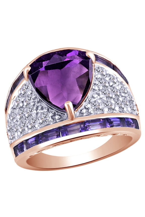 Triangle Shaped & Baguette Cut Simulated Amethyst & Simulated White Topaz Cocktail Ring In 14k Rose Gold OVer Sterling Silver (6.27 Cttw)