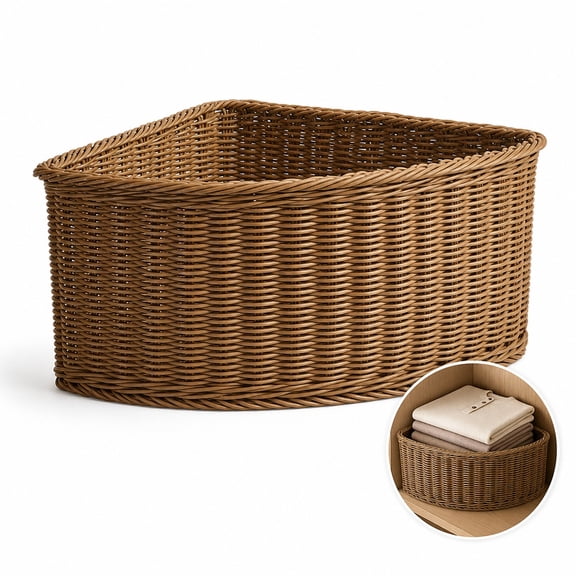 Triangle Shelf Baskets, Stackable Organizers, Faux Rattan Corner Storage Basket, Multifunctional Decorative Triangular Organizer for Cabinet Closet Kitchen Pantry Bathroom, Radius 26.5cm, Height 16cm