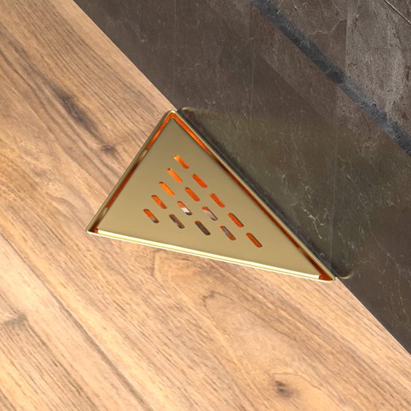 Triangle Shower Drain - Stainless Steel Triangular Shower Floor Drain with Removable Patterned Grate, Hair Strainer, Threaded Adapter (6 x 8 Inches, Gold)