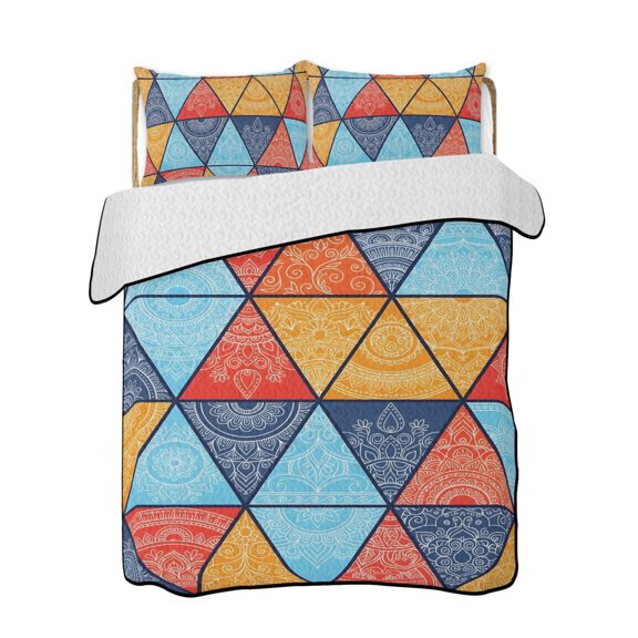 Triangle Splicing Boho 3 Piece Quilt Bedding Set with 2 Pillow Shams, Abstract Floral Ethnic Style Lightweight Bedspread Coverlet, Soft Breathable All Season Quilt, 68 x 98 Inch