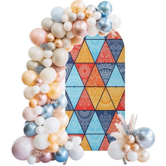 Triangle Splicing Boho Arch Backdrop Cover 4 FT Abstract Floral Ethnic Style Stretchy Elastic Arch Stand Covers Spandex Arched Background Birthday Wedding Party Decoration (No Stand)