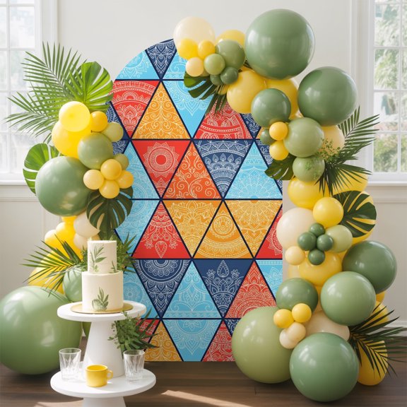 Triangle Splicing Boho Arch Backdrop Cover, 4FT, Abstract Floral Ethnic Style Spandex Arch Covers Double-Sided Backdrop for Wedding Birthday Party Photo Background Decoration