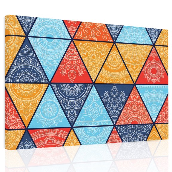 Triangle Splicing Boho Canvas Print Wall Art, Abstract Floral Ethnic Style Wall Decor Modern Artwork Paintings Pictures for Living Room Framed and Stretched Ready to Hang 20" x 24"