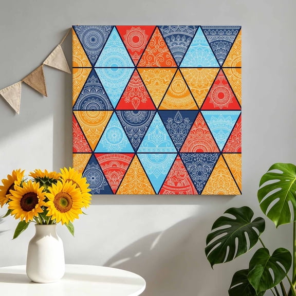 Triangle Splicing Boho Canvas Wall Art for Living Room, Abstract Floral Ethnic Style Poster Print Painting for Bedroom Office Home Decoration Wall Pictures Prepare To Hang 8"x8"