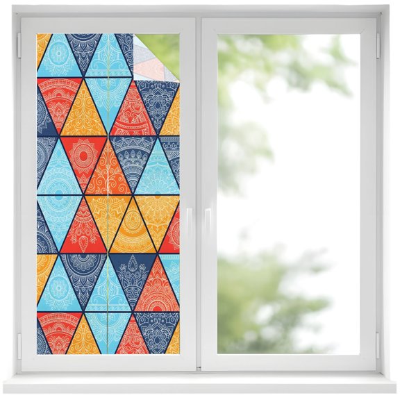 Triangle Splicing Boho Window Privacy Film Abstract Floral Ethnic Style Decorative Glass Window Film UV Blocking Static Cling Non-Adhesive Sticker Covering for Home Door 17.7 x 39.3 inches