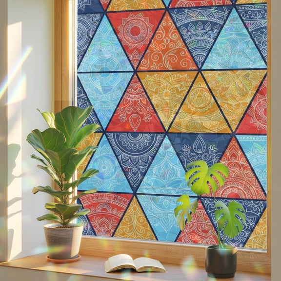 Triangle Splicing Boho Window Privacy Film, Abstract Floral Ethnic Style Stained Glass Rainbow Film Decorative Window Clings, Static Cling Sun Blocking Stickers 17.7" x 39.3"
