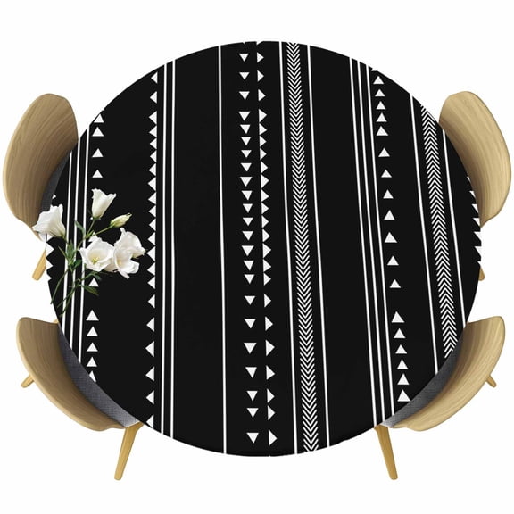 Triangle Stripes Geometric Round Fitted Table Cover Boho Abstract Black Background Waterproof Table Cloth with Elastic Edge Wipeable Tablecloth for Picnic Camping Party Fits 36"-44" Diameter