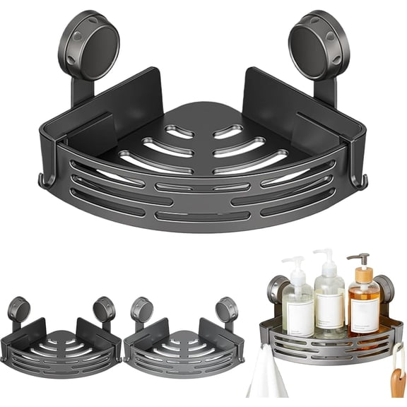 Triangle Suction Cup Shower Caddy, Corner Shower Caddy Suctions Cups, No-Drill adhesive SuctionCup Corner Showers Shelf with Towel Bar & Hook, Rust-Free, Heavy-Duty, Waterproof for Bathroom(#Black*1)