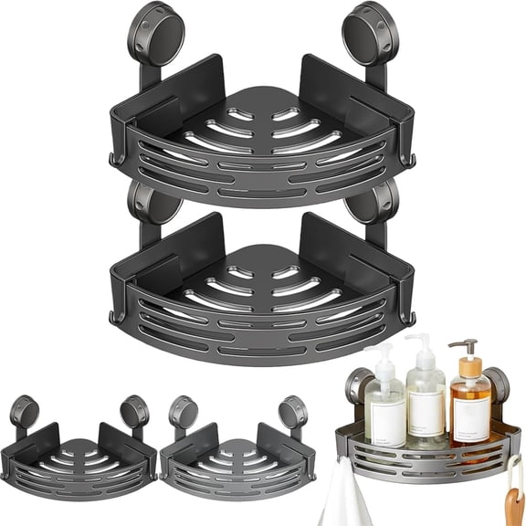 Triangle Suction Cup Shower Caddy, Corner Shower Caddy Suctions Cups, No-Drill adhesive SuctionCup Corner Showers Shelf with Towel Bar & Hook, Rust-Free, Heavy-Duty, Waterproof for Bathroom(#Black*2)