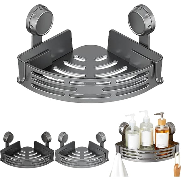 Triangle Suction Cup Shower Caddy, Corner Shower Caddy Suctions Cups, No-Drill adhesive SuctionCup Corner Showers Shelf with Towel Bar & Hook, Rust-Free, Heavy-Duty, Waterproof for Bathroom (#Gray*1)