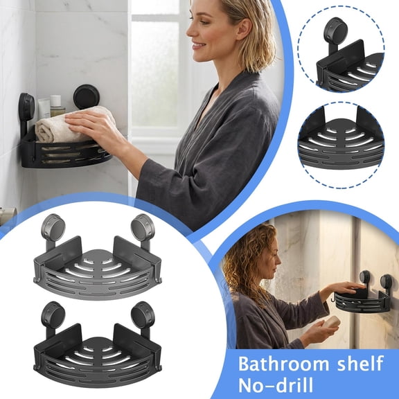 Triangle Suction Cup Shower Caddy, Corner Shower Shelves No Drilling, Upgrade Suction Cup Shower Organizer with Towel Bar & Hooks, Heavy-Duty Strong Hold (Gray, 1pc)