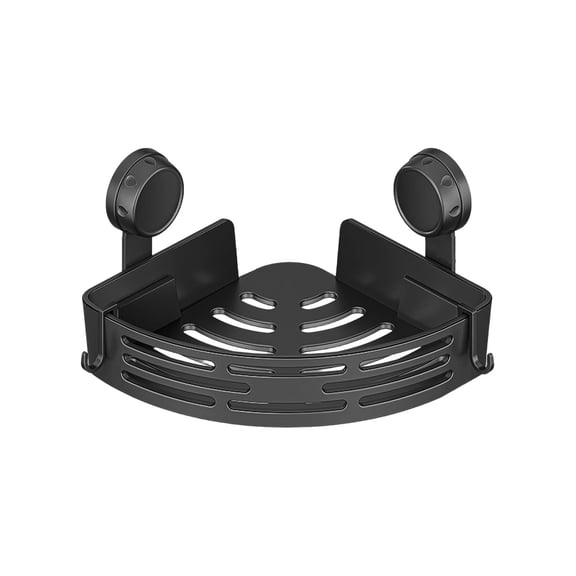 Triangle Suction Cup Shower Caddy – No-Drill Bathroom Corner Shelf with Hooks & Towel Bar, Heavy-Duty Storage Rack for Shampoo & Soap, Rust-Resistant 1-Tier Organizer for Smooth Surfaces (Black)