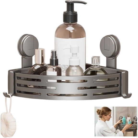 Triangle Suction Cup Shower Caddy, No-Drill Corner Bathroom Organizer with Hooks, 2-Tier Rust-Resistant Heavy Duty Shelf for Smooth Surfaces