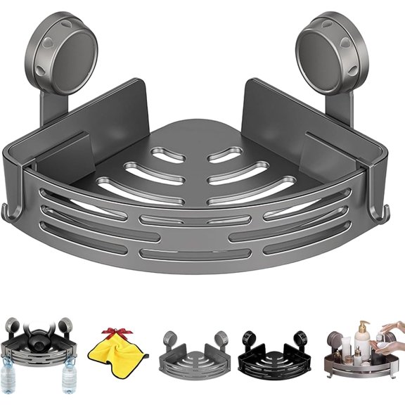 Triangle Suction Cup Shower Caddy,No Drilling Bathroom Storage Rack,Removable Aluminum Corner Shelves with Towel Bar & Hooks,Heavy-Duty Strong Hold