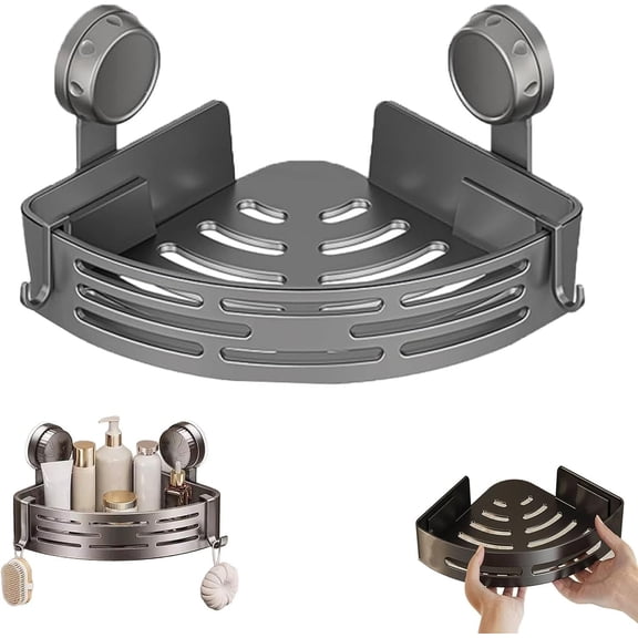 Triangle Suction Cup Shower Caddy, No Drilling Suction Cup Corner Shower Shelf, Twist-Lock Suction Cup Design, Quick-Drain