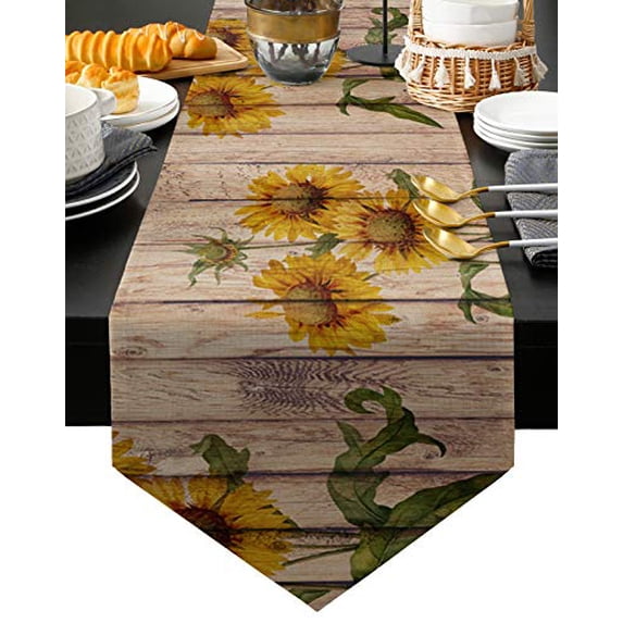 Triangle Table Runners Long Blooming Sunflowers Dresser Scarves Table Decoration for Wedding Party/Graduation Ceremony/Banquet Rustic Wooden Board