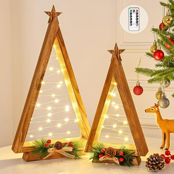 Triangle Tabletop Wooden Christmas Tree with Lights - 2 Pcs Modern Farmhouse Rustic Xmas Decor, Small Lighted Trees for Kitchen Mantle Shelf Living Room (14.2" Large / 11" Small)