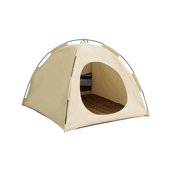 Triangle Tent Shaped Pet Summer Hideaway House Built-In Cooling Ice Mat Breathable Oxford Fabric Anti-Slip Bottom Foldable Portable Machine Washable Chill Nest(Beige-48X48cm)