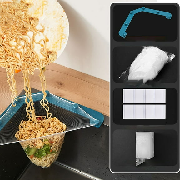 Triangle Tri-Holder Filter with 50 pcs Sink Strainer Bag, Corner Sink Strainer Basket Sink Garbage Storage Rack Holder, Sink Filter Net Mesh Bag for Kitchen Waste Leftover (Blue)