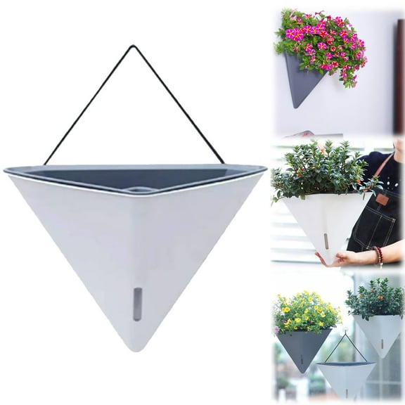 Triangle Wall-Mounted Hanging Planter, Self-Watering Plastic Plant Pot with Tray & Bracket, Modern Home Decor for Indoor Outdoor Succulents, Herbs, Flowers