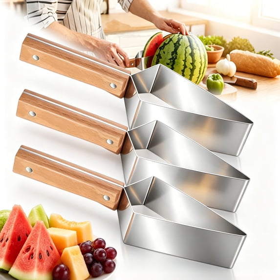 Triangle Watermelon Cutter, 430 Stainless Steel Manual Fruit Slicer with Wooden Handle, Quick Cutting Gadget for Summer Family Parties & Camping